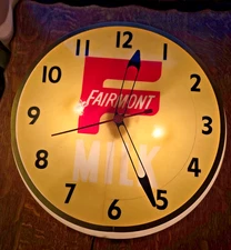 Vintage Fairmont Milk Electric Clock Yellow Face 14" Diameter - Works!!