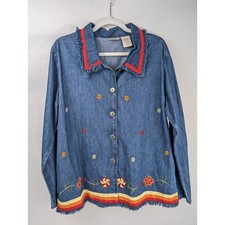 Vintage 90s Floral Embroidered Denim Button Jacket Size L Blue Jean Cottagecore