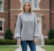 Mint Velvet Women s Cable Knit Sleeve Mock Neck Sweater Jumper Grey 8