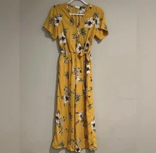 Sienna Sky Yellow Floral Print Flutter Sleeve MIDI Sundress Women’s Sz XS Bow