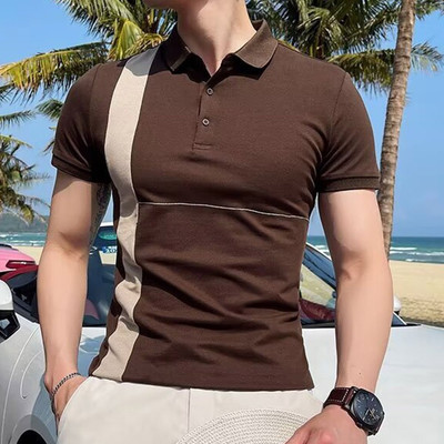 Herren Sommer Farbblock Slim Fit Kurzarm Revers T-Shirt Freizeit Mode Oberteil