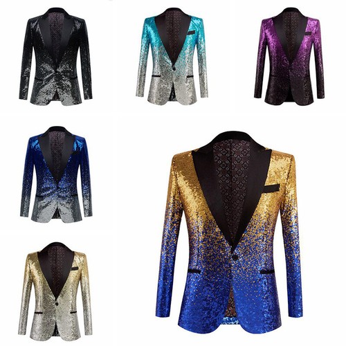 Costume à paillettes brillant homme couleurs dégradées veste mode mariage fête blazer manteaux - Photo 1 sur 12