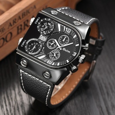 Oulm Men's Watches Quartz Casual Leather Strap Wristwatch Sports Multi-Time Zone