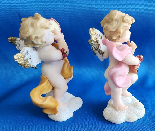 Terra Cottage Resina Querubín 2 Estatuillas Tocando Pandereta Laúd Firmado TP 3047 - Imagen 2 de 5