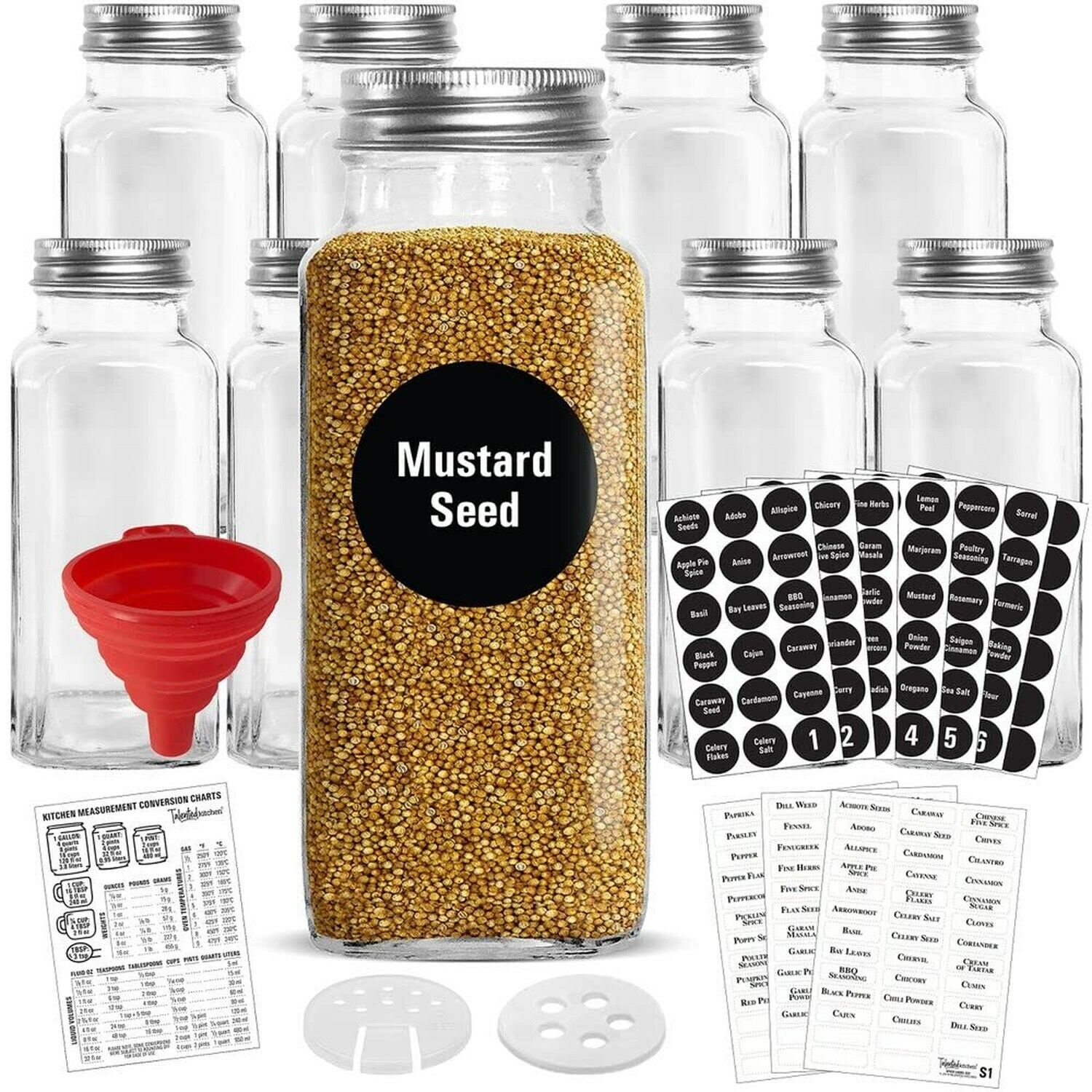 Talented Kitchen 8 Pack Large Glass Spice Bottles with 239 Preprinted Label  Stickers, 8 Ounce Empty Square Seasoning Jars with Shaker Lids & Silver