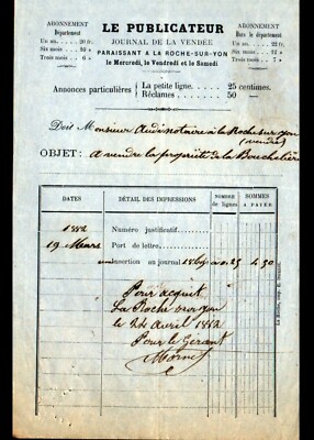 LA ROCHE-sur-YON (85) JOURNAL de la VENDEE ''LE PUBLICATEUR'' Rechnung von 1882
