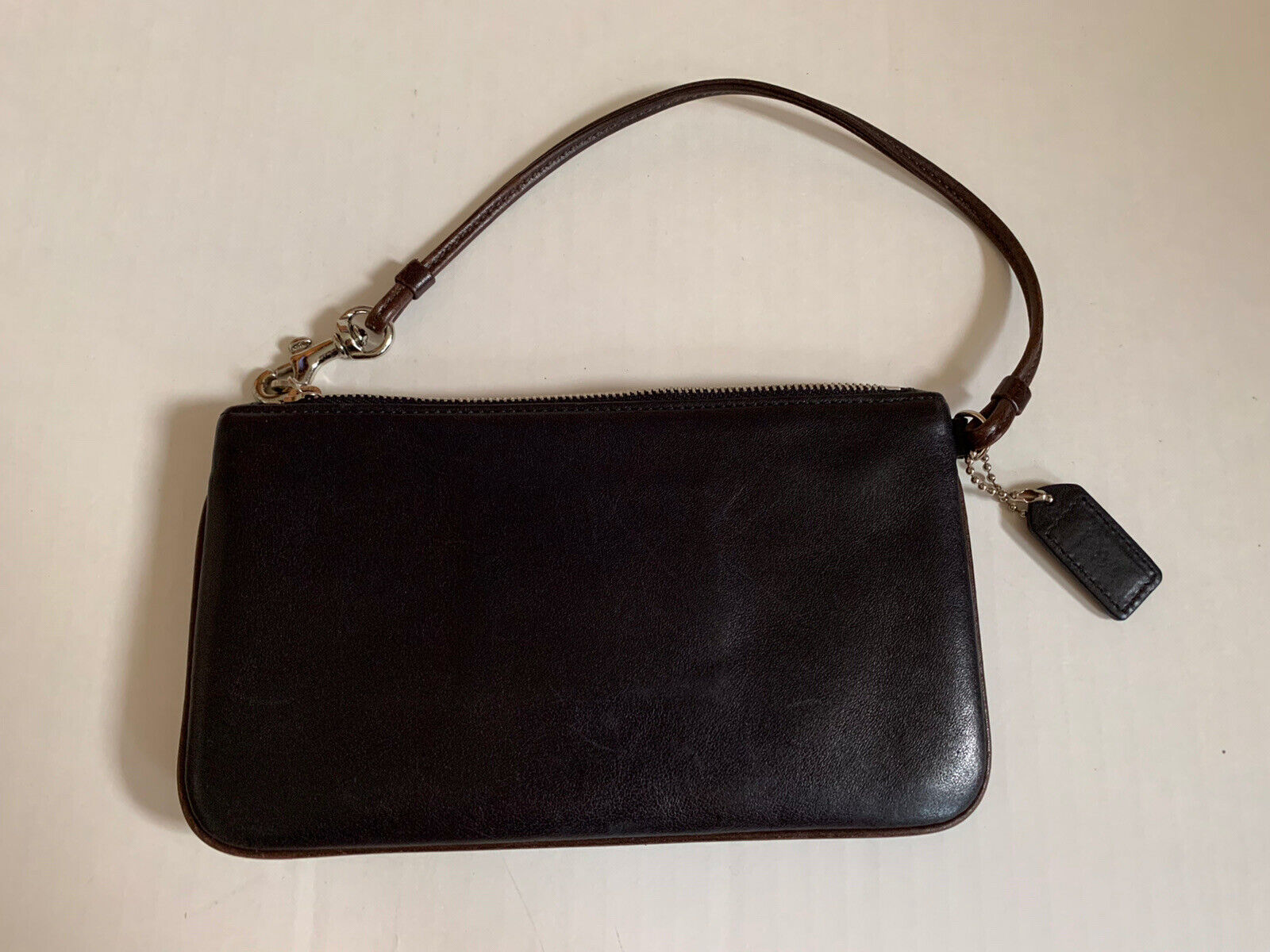 Vintage Coach Black Leather Wristlet With Brown T… - image 2