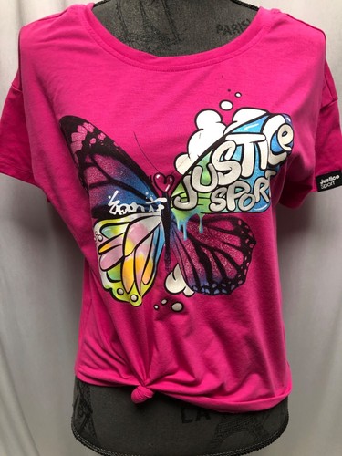 Justice Pink Butterfly Graphic T-Shirt Girls Size Large 12-14 Knotted Front - Picture 2 of 10