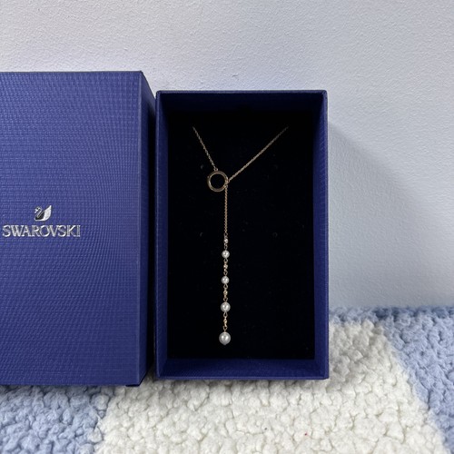 Authentic Swarovski Rose Gold Pearl Lariat Necklace W Box & Swan Great Condition - 第 1/8 張圖片