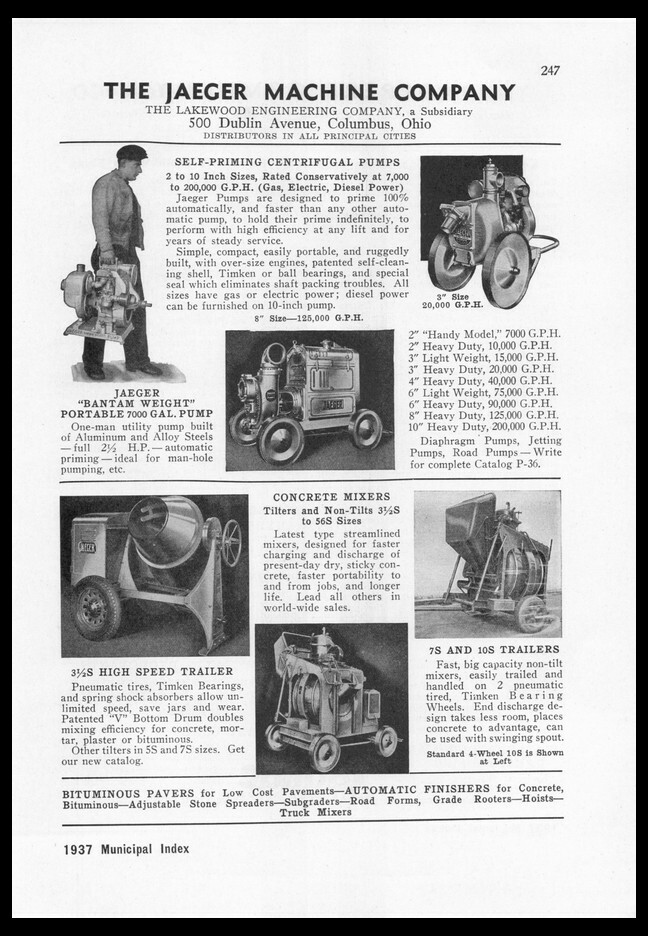 1937 Jaeger Machine Co Pumps Concrete mixers Columbus OH Vintage 