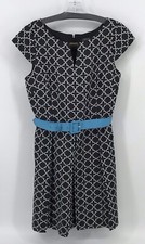 Tahari Preowned Womens Flared Black Geometric Sleeveless Dress w/Belt Size 12Pet