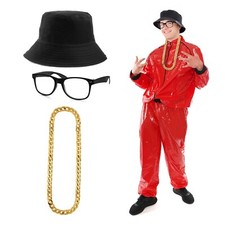 MENS HIP HOP RAPPER COSTUME FANCY DRESS RED TRACKSUIT GLASSES CHAIN BUCKET HAT