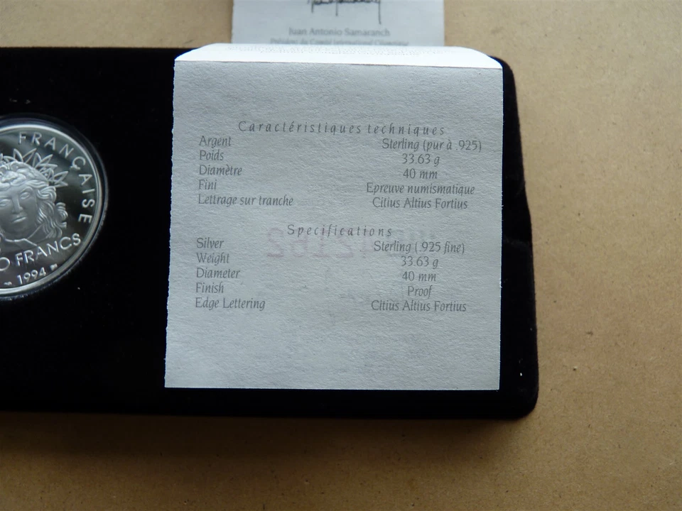 FRANCE 1994 OLYMPIC GAME ALBERTVILLE 2 SILVER COIN PROOF JAVELIN & DISCUS COA - Image 4 of 4
