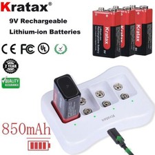 Kratax Rechargeable 9V Batteries 850mAh 6F22 9 Volt Lithium Batteries 9V Charger