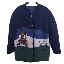 Giesswein Wool Blue Button Jacket With Woman On Horse And Carriage Large