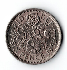 1955 UK Six Pence Coin England Great Britain Queen Elizabeth II