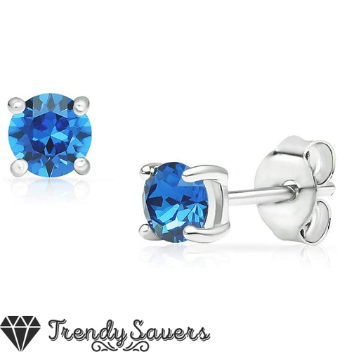 5mm Silver Round Blue Dress Cubic Zirconia Women Cartilage Girls Stud Earrings - Picture 2 of 6