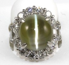 Natural Green Chrysoberyl Cat Eye & Diamond Solitaire Ring Platinum 18.83Ct
