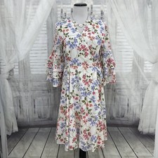 Calvin Klein Size 10 White Pink Blue Bell Sleeve Floral Cotton Wrap Dress B46