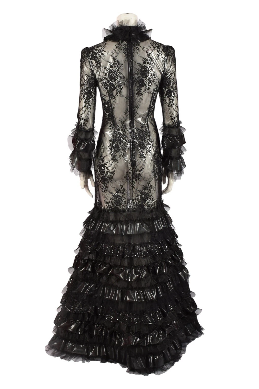 Moschino Couture abito lungo a sirena a strati nero plastificato pizzo 40 6 US