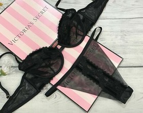 Victoria's Secret LUXE LINGERIE Unlined Demi Bra Panty Set Velvet Trim Mesh