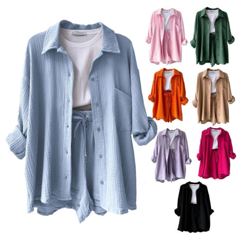 Summer Women's Muslin Blouse Shirt And Shorts Clothes Set Beach Outfit Two Piece