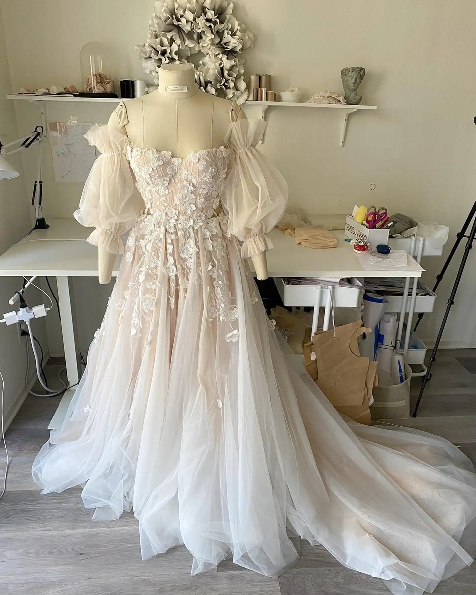 Elegant Pink Wedding Dresses Strapless Puffy Sleeves Lace Appliques Bridal Gowns | eBay Elegant Pink Wedding Dresses Strapless Puffy Sleeves Lace Appliques Bridal Gowns | eBay