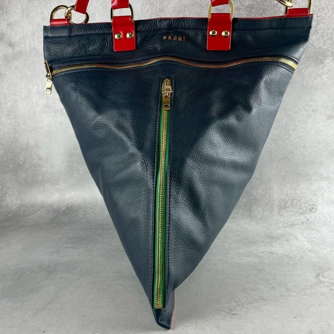 sacai Deformed Leather Tote Bag Crossbody 2Way Navy Red Women's Authentic