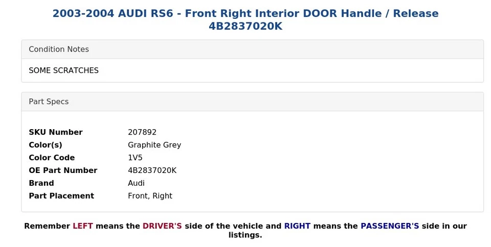 2003-2004 AUDI RS6 - Front Right Interior DOOR Handle / Release 4B2837020K - Image 4 of 4