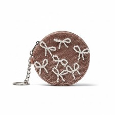 On 34th Hand Beaded Round Coin Purse Silver Pink White NWT