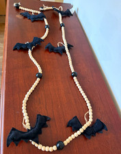 Halloween Bat Garland Black Fabric Bats Natural Wood Beads Farmhouse Decor