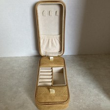 Travel Jewelry Box With Zipper Closer Tan/gold Color Soft Faux Leather Vacation