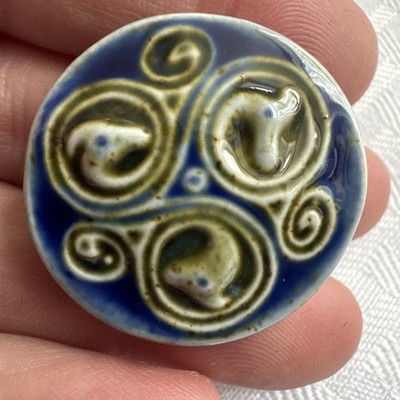 Handmade Studio Pottery Button Blue Glaze Triskelion Swirl Ceramic Artisan Piece