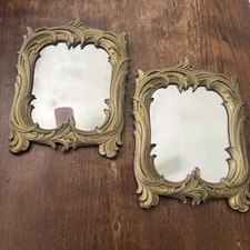 2Vintage Syroco Wood Wall Smoked Mirrors Gold Ornate Hollywood Regency 14" x 10"