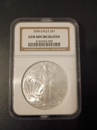2008 American 1oz Silver Eagle S$1 NGC Gem Uncirculated Brown Label