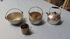 Vintage kids Playset, Cookware Unmarked 2 Pots, Tea Pot, Measuring cup