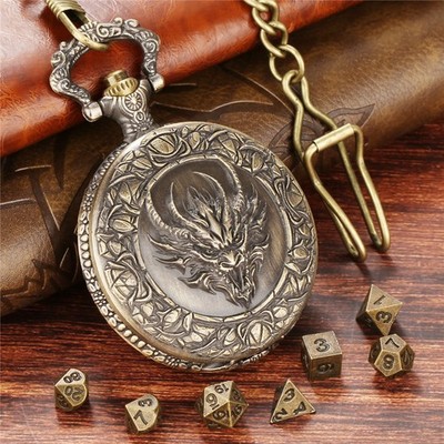 7pcs Solid Metal Polyhedral DND Dice D4-D20 in Dragon Engraved Pocket Watch Case