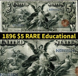 HGR SUNDAY 1896 $5 RARE Educational ((GORGEOUS Issue)) VERY LIGHTLY CIRCULATED