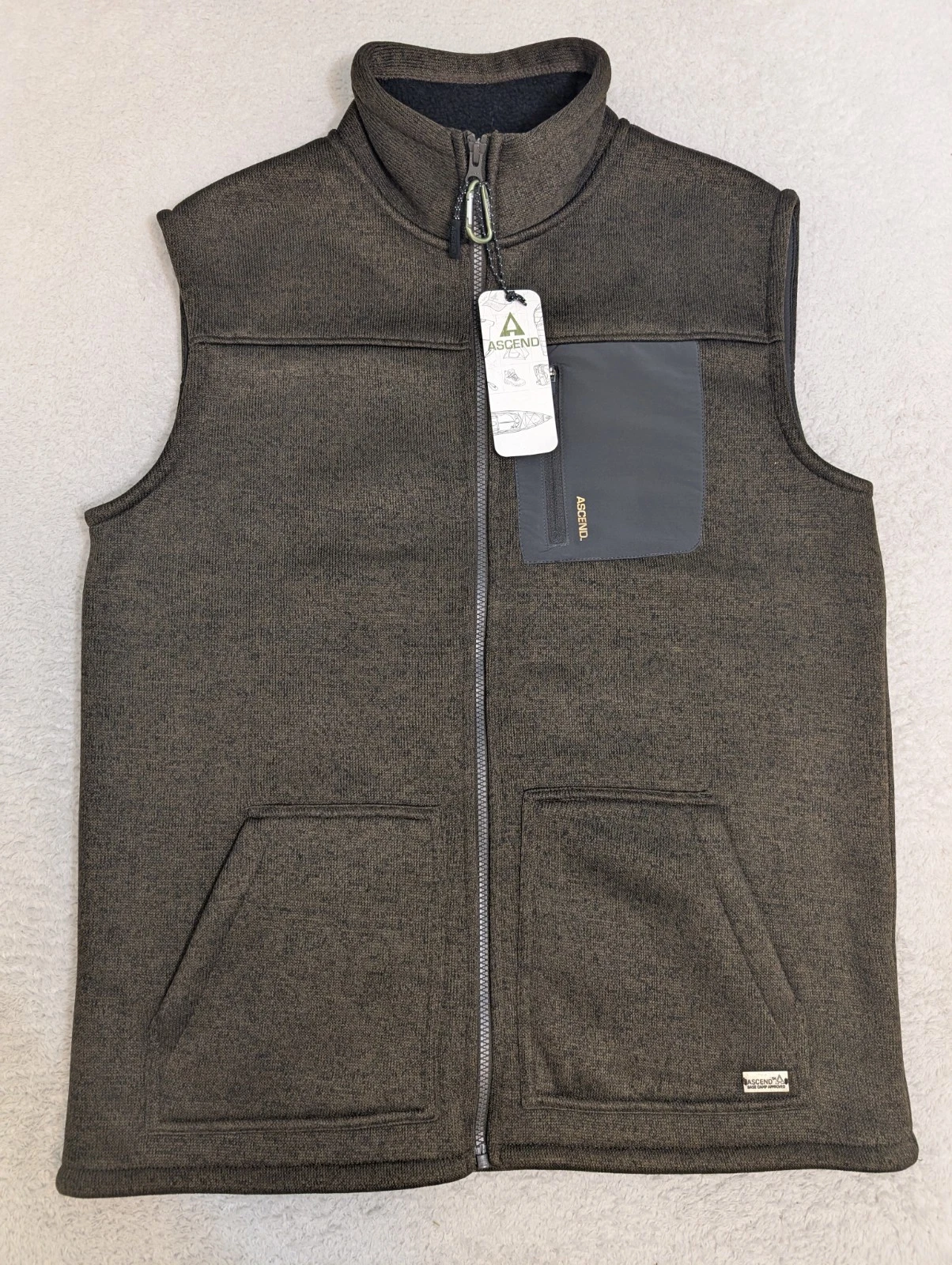 NEW! Ascend Mens Med Full Zip Vest Zip Pocket Casual Outdoor Lined Hiking Green