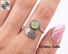 925 Solid Sterling Silver Green Jade Round Gemstone Small Minimalist Ring