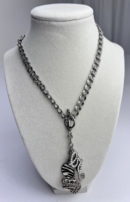 VTG Y2K GUESS Signed Necklace Rhinestone G + Zebra Key Crown Heart Charm Toggle