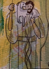 ACEO watercolor art by PJ, art card 2.5 x 3.5: the Shepherd