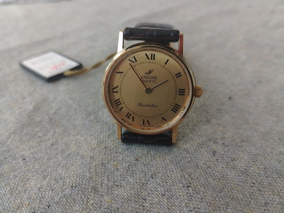 RELOJ ENICAR REVELACIÓN CUARZO NOS CHAPADO EN ORO 10M VINTAGE RARO ÚNICO Foto 3 de 4