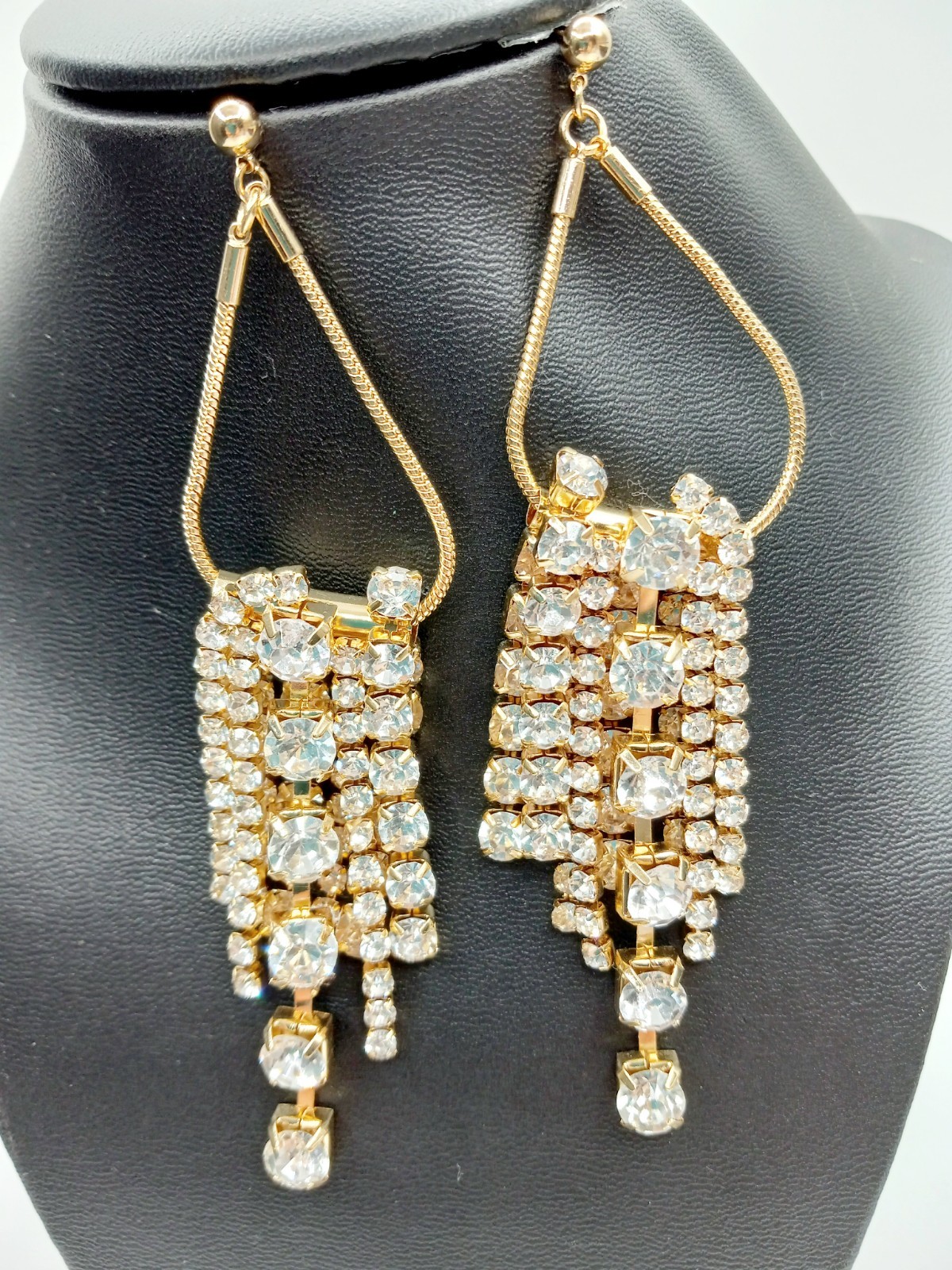 Rhinestone Statement Dangle Earrings Goldtone Pos… - image 4