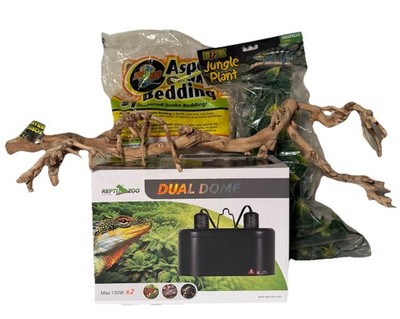 Reptile Accessories Lot Dual Dome Light Aspen Snake Bedding Driftwood & Leaves