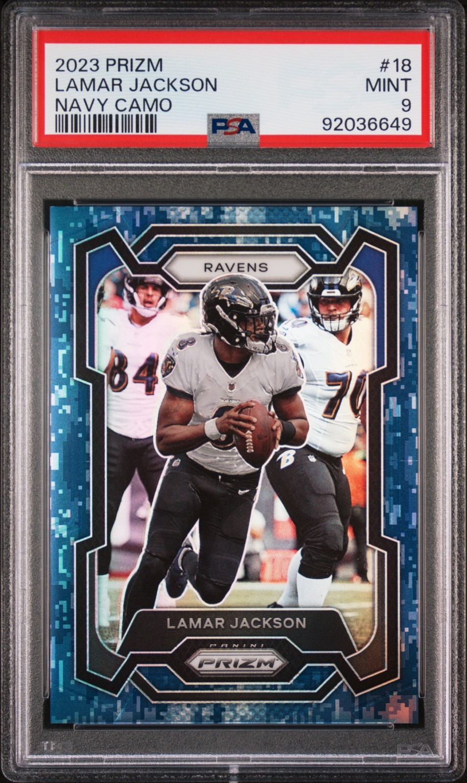 2023 Panini Prizm Lamar Jackson #18 Navy Camo /25 - PSA 9