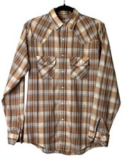 VTG Levi's Plaid Pearl Snap Western Shirt Small S Brown Cream Long Sleeve Top