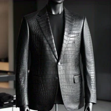 Men's Black Leather Blazer Crocodile Print Embossed Real Luxury Leather Blazer