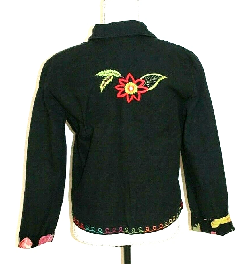 HEARTS OF PALM BLAZER SIZE 8 BLACK EMBROIDERED FRONT 3/4 SLEEVE COLORFUL FLORAL - Image 2 of 4
