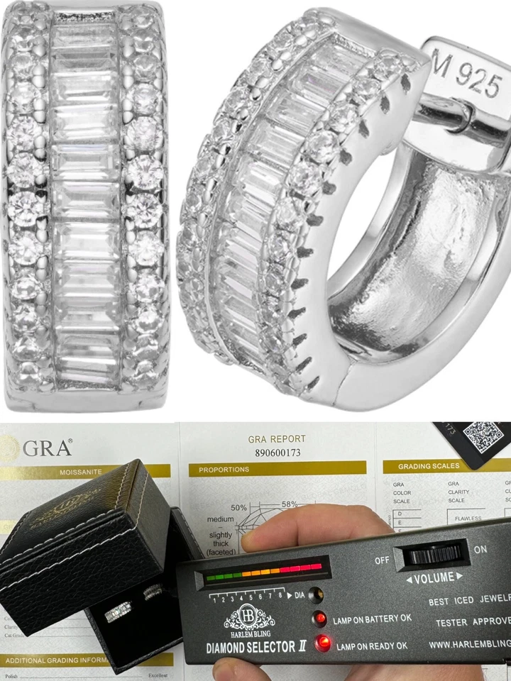 Brincos pequenos de argola Huggie Baguette Moissanite prata 925 sólida real 12 mm